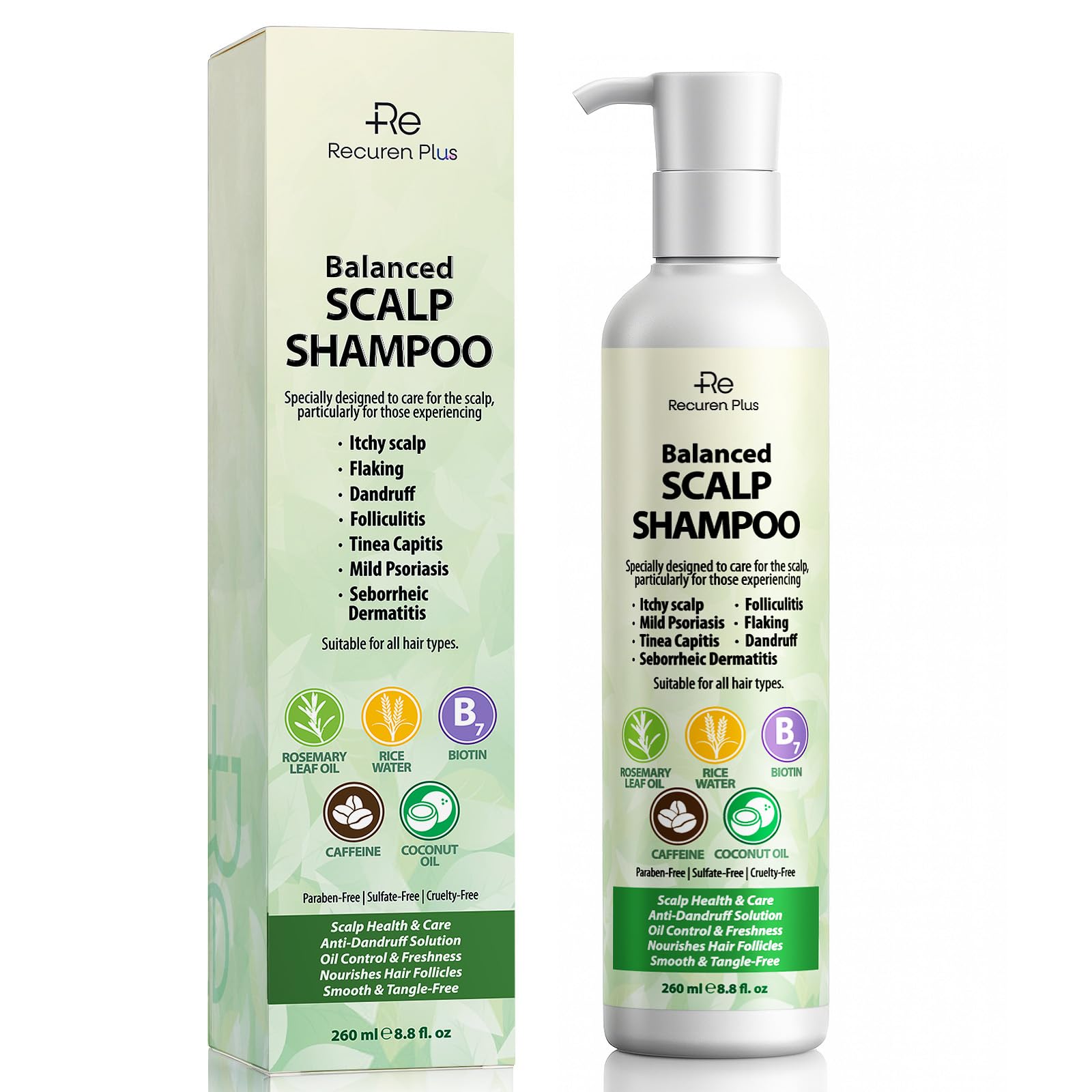 Recuren Plus shampoo label highlights scalp care benefits
