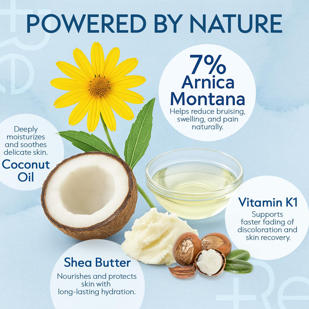Recuren Plus Arnica Cream texture swirls signaling non-greasy, fast-absorbing formula.