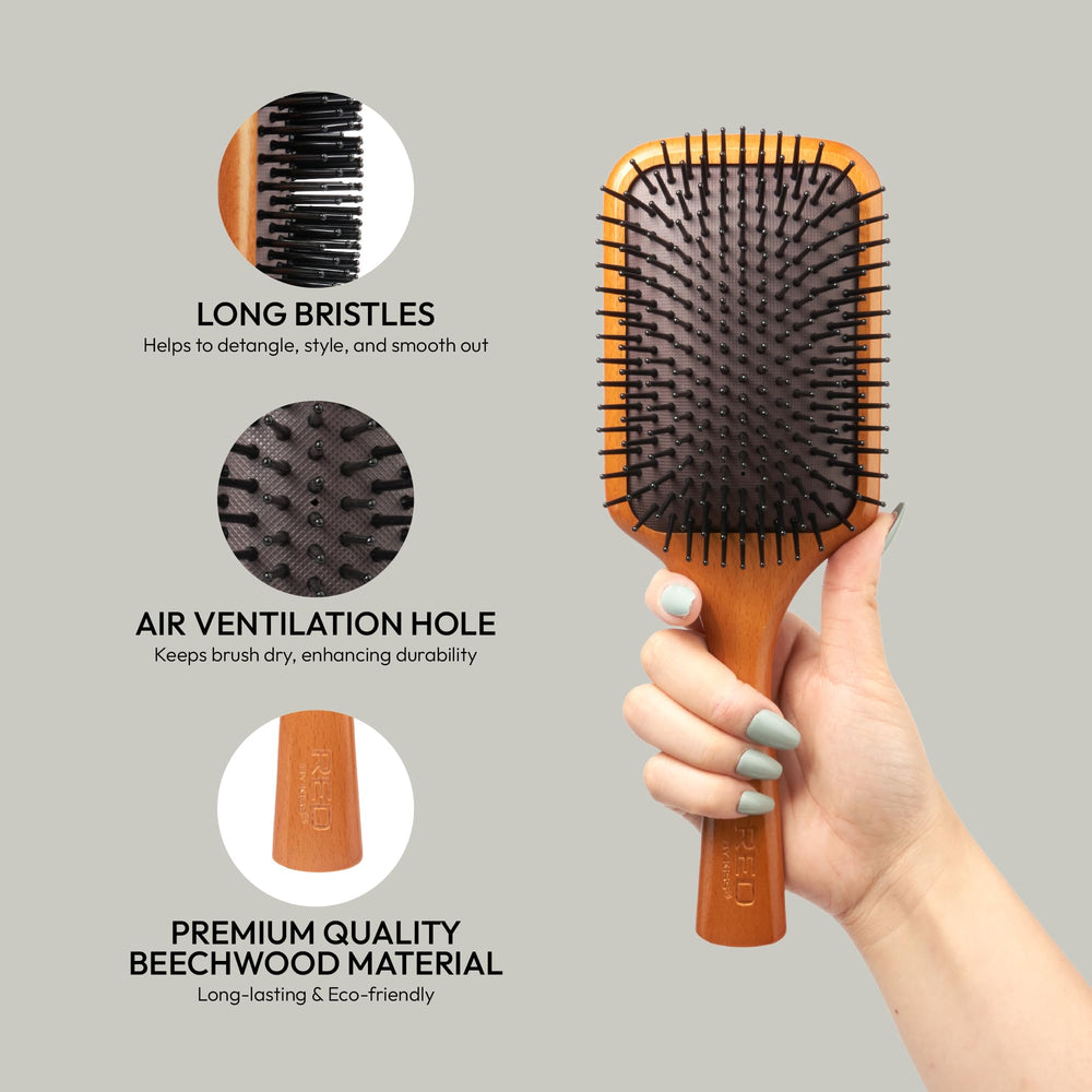 Red by Kiss Evergreen bristles closeup emphasizes long, flexible detangling for tangle-prone hair.