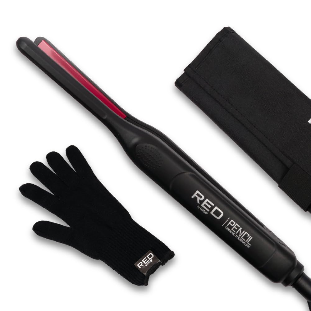 Red by Kiss pencil flat iron closeup highlights slim design for quick precision styling