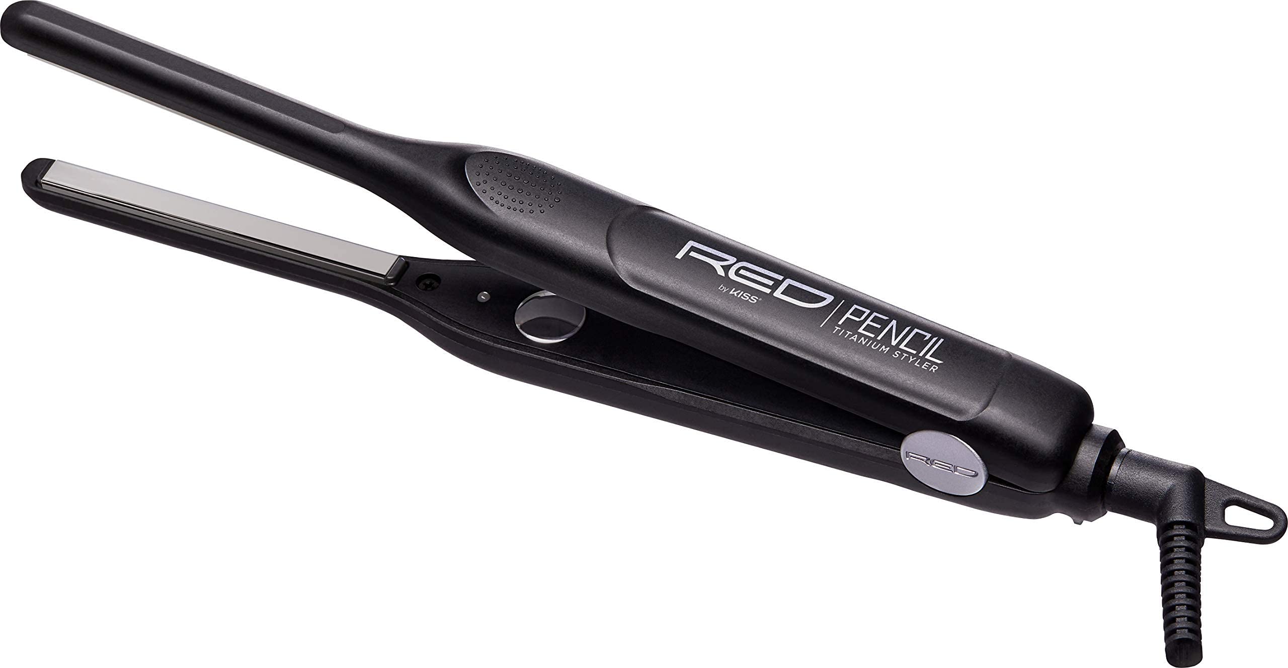 Red by Kiss Titanium Styler Pencil Flat Iron close-up highlighting edge control for pixie cuts.