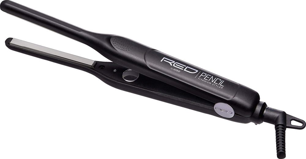 Red by Kiss Titanium Styler Pencil Flat Iron close-up highlighting edge control for pixie cuts.