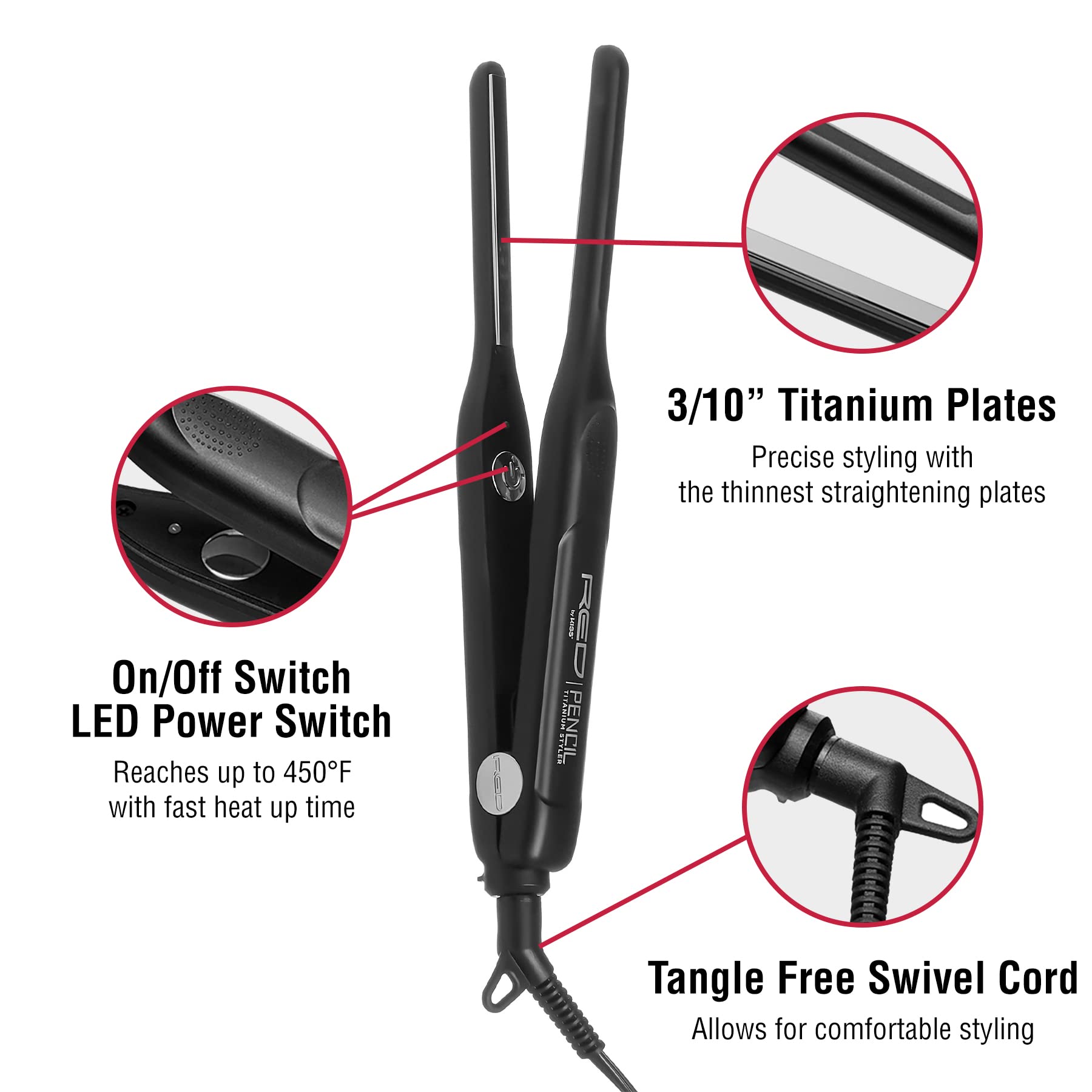 Red by Kiss Titanium Styler Pencil Flat Iron high-heat setting close-up for straight finishes.