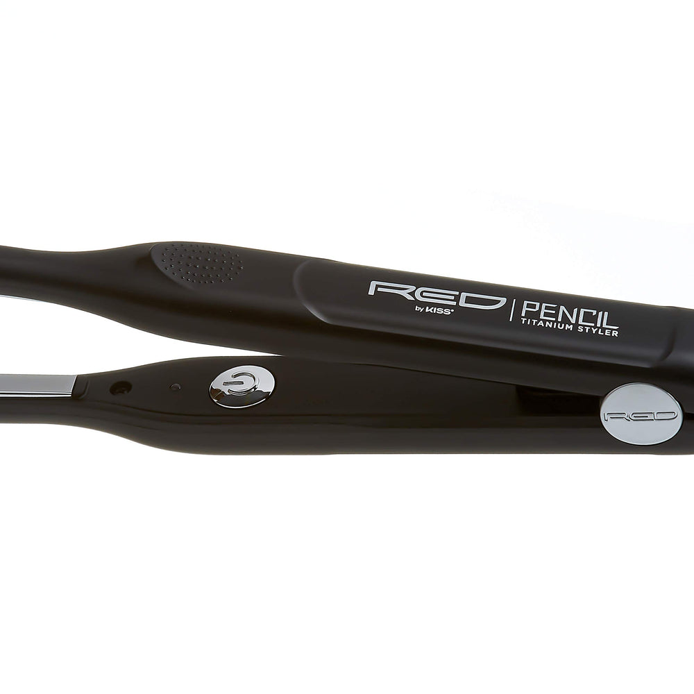 Red by Kiss Titanium Styler Pencil Flat Iron in use for pixie-cut styling and definition.