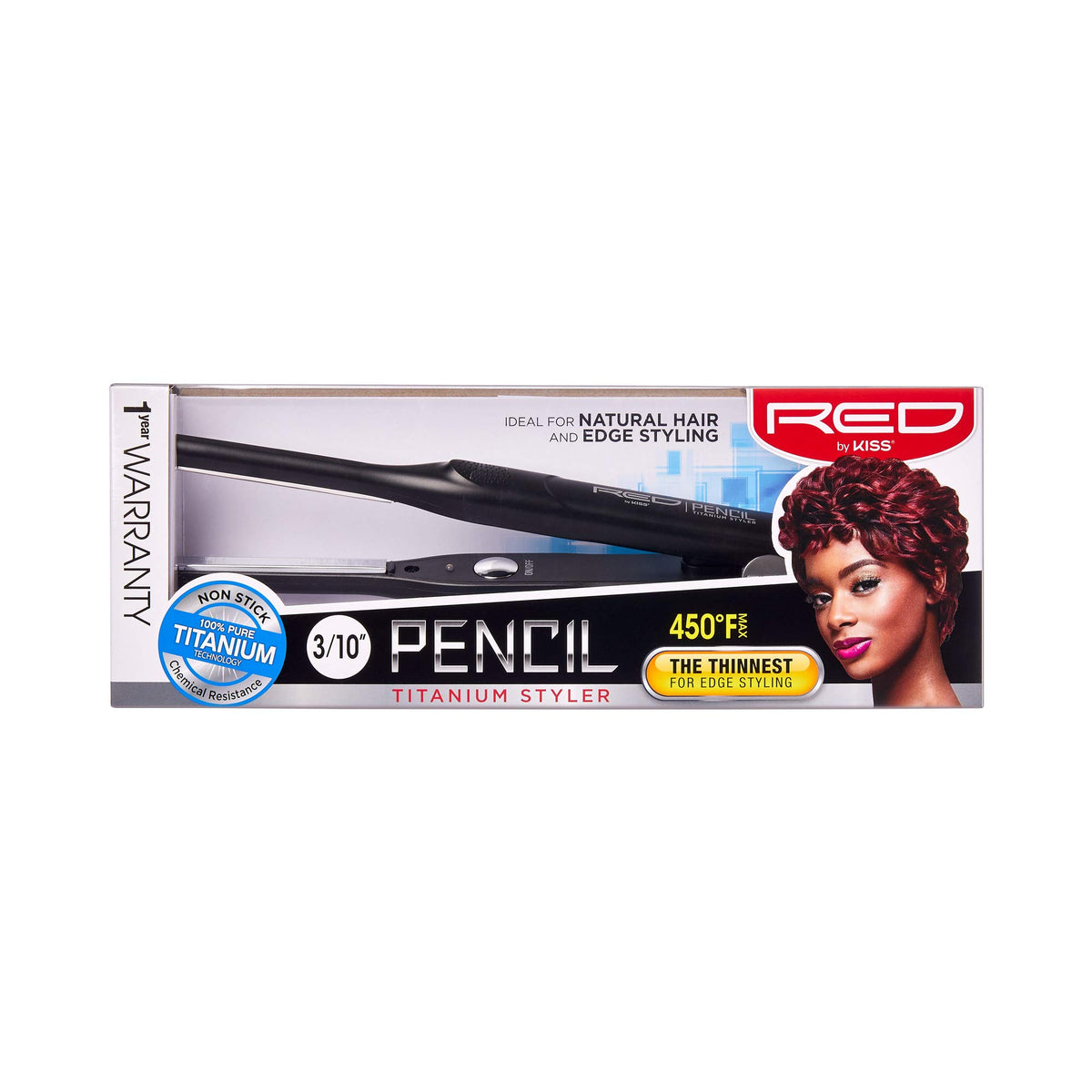 Red by Kiss Titanium Styler Pencil Flat Iron close-up of ultra-thin plates for precise edge work.