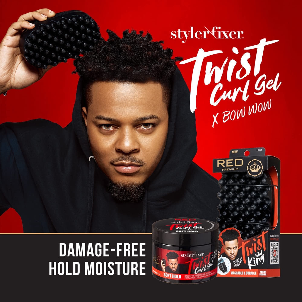 Red by Kiss X Bow Wow Styler packaging with hair demonstrating defined curls and waves.
