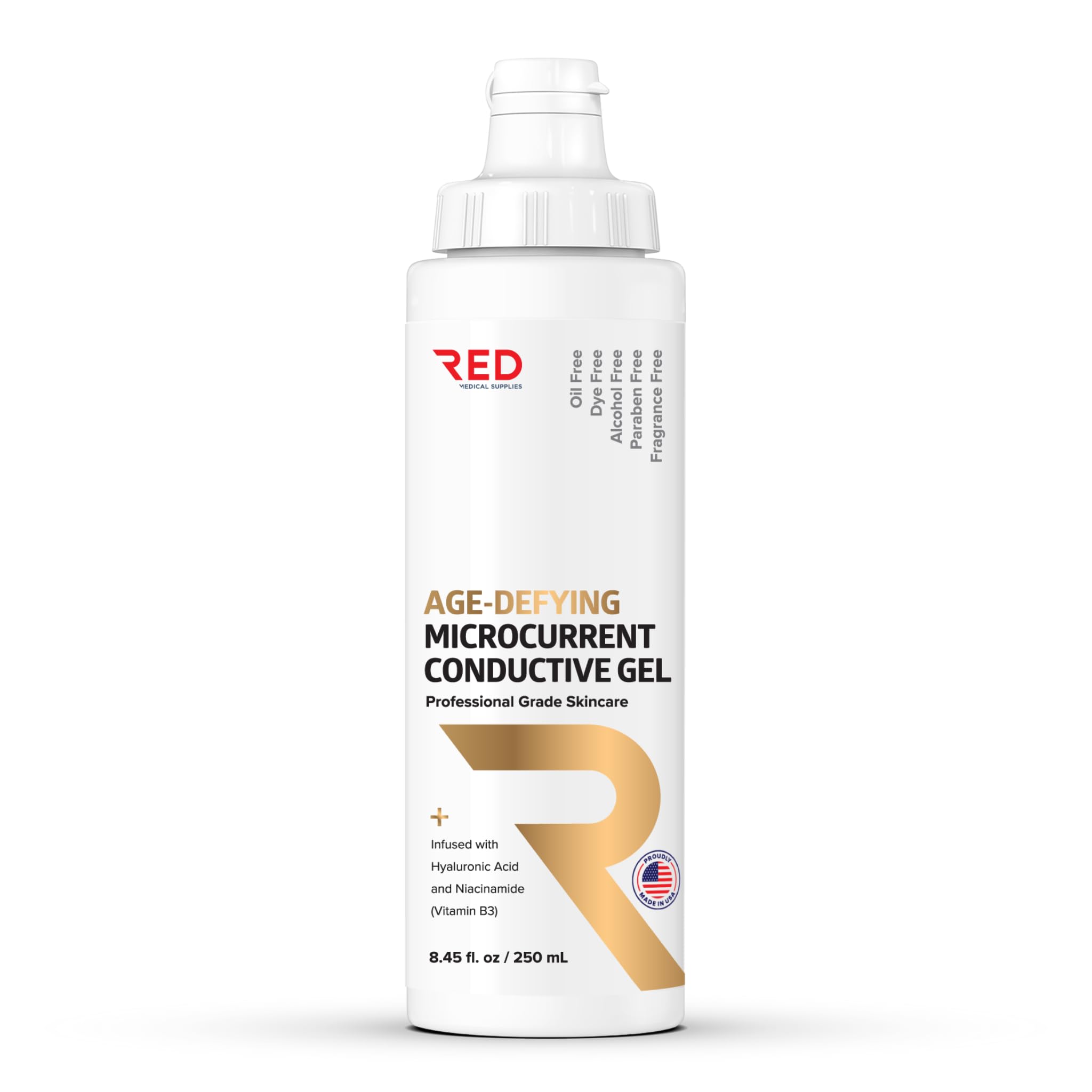 Red Medical Supplies age-defying gel bottle closeup non-greasy hydration for microcurrent sessions