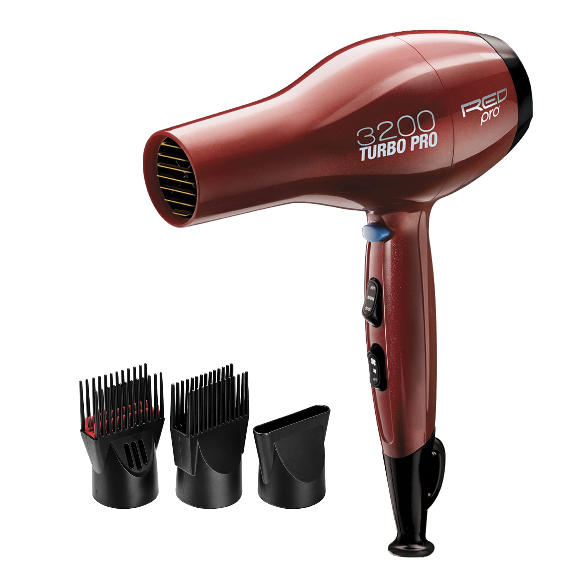 Red Pro 3200 Turbo Pro front view shows compact salon-grade styling power.
