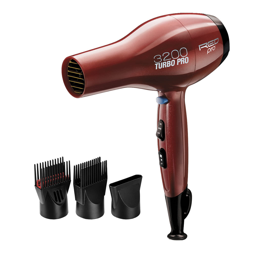 Red Pro 3200 Turbo Pro front view shows compact salon-grade styling power.