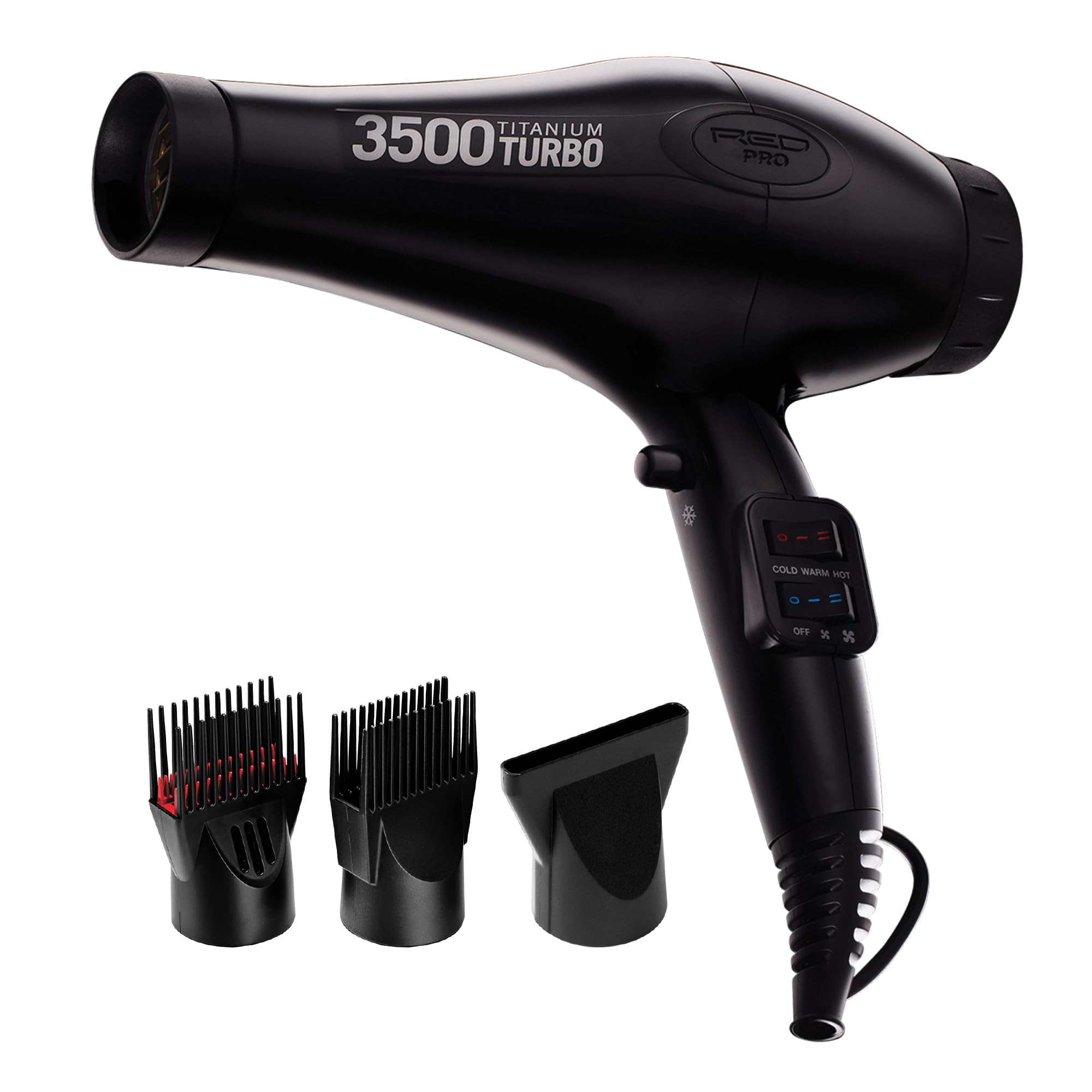 Red Pro Hair Dryer 3500W turbo titanium motor for fast salon-grade drying.