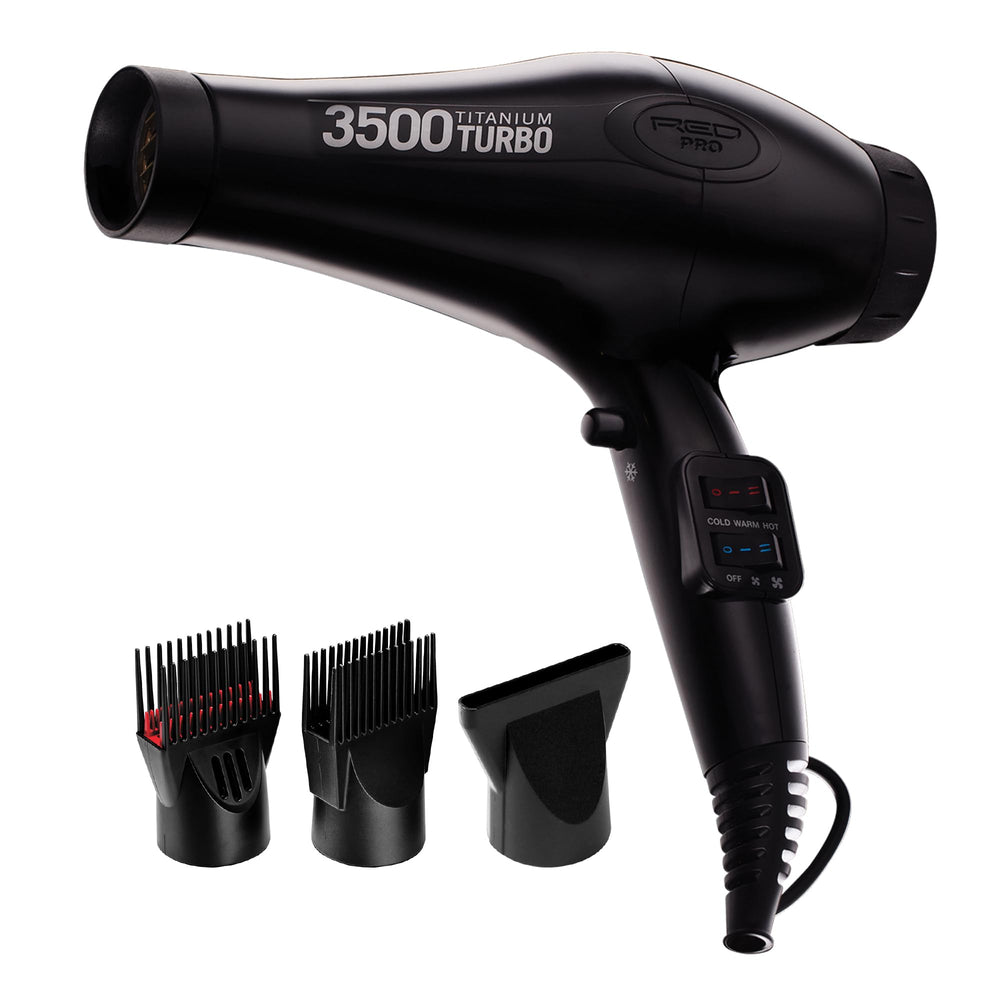 Red Pro Hair Dryer 3500W turbo titanium motor for fast salon-grade drying.