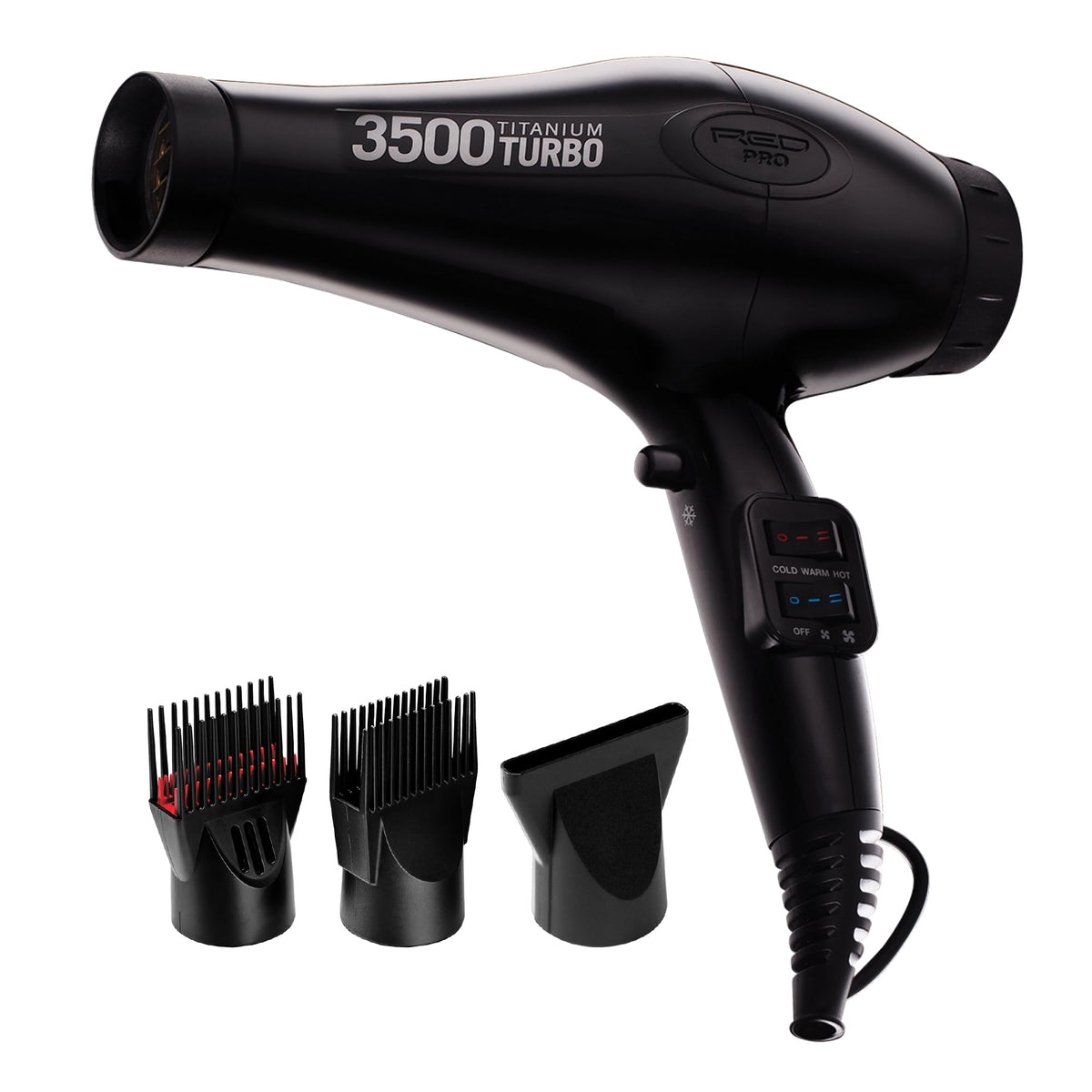 Red Pro Hair Dryer 3500W turbo titanium motor for fast salon-grade drying.