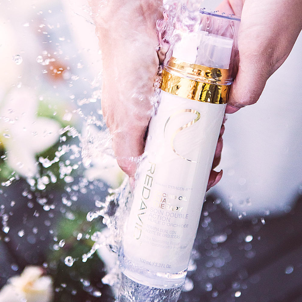 Redavid Orchid Oil eight-in-one benefits panel highlights strength and manageability.