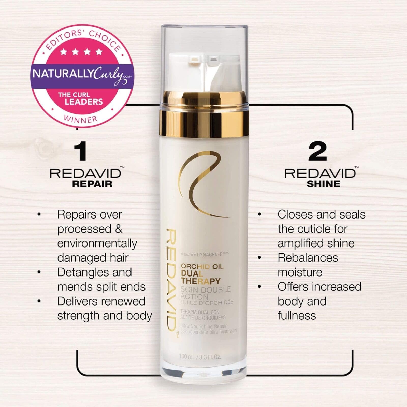 Redavid Orchid Oil hand applying product suggests detangling and smoother hair.