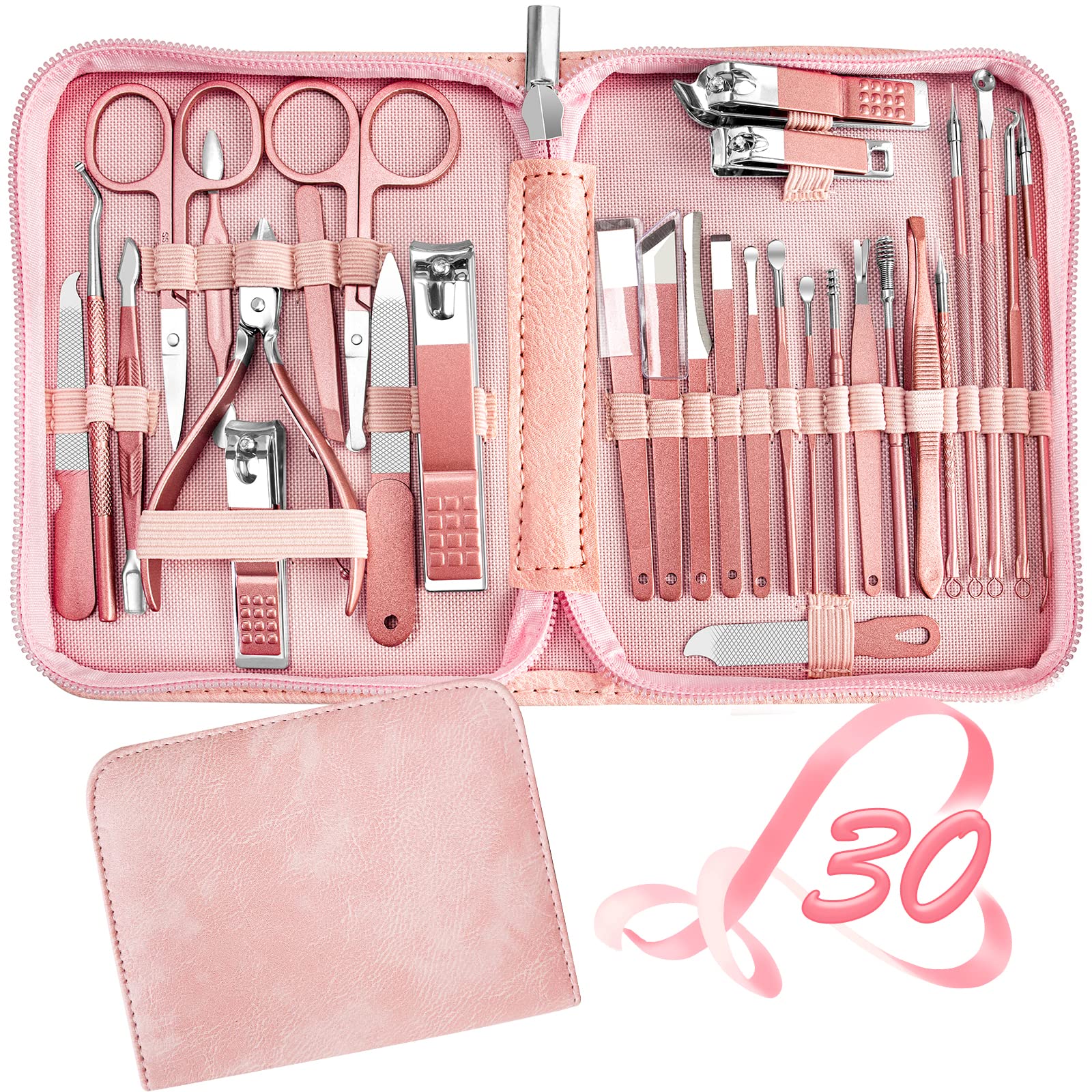 RedFlow manicure set 30-in-1 in leather case for portable travel grooming.