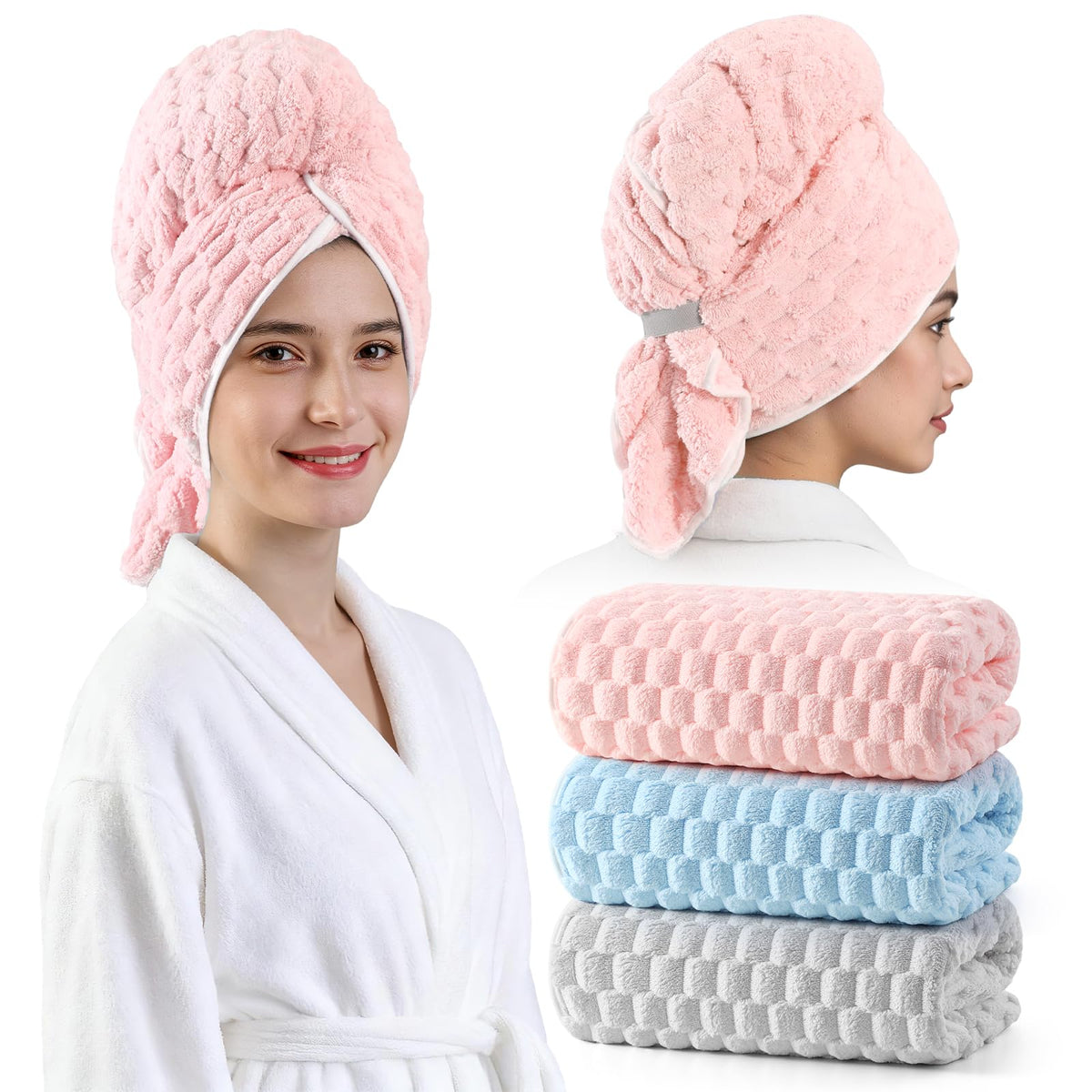 REDKISS 3 pack microfiber hair towels show the extra-large wrap for secure drying and convenience.