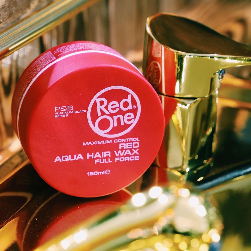 RedOne Aqua Hair Wax label closeup highlights transparent formula for pliable styling.