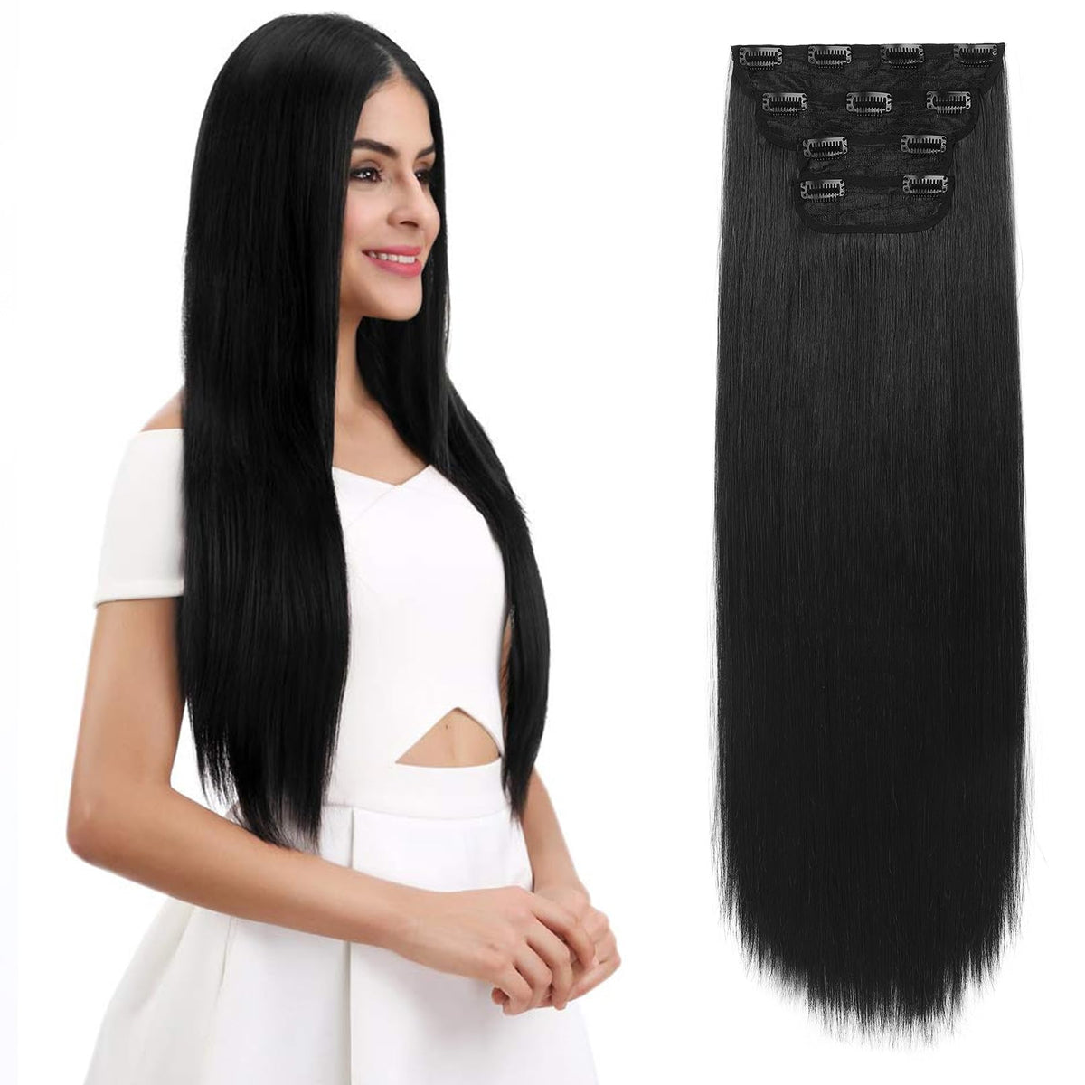 REECHO 28in straight clip-in set with two 4.7in wefts for instant volume.