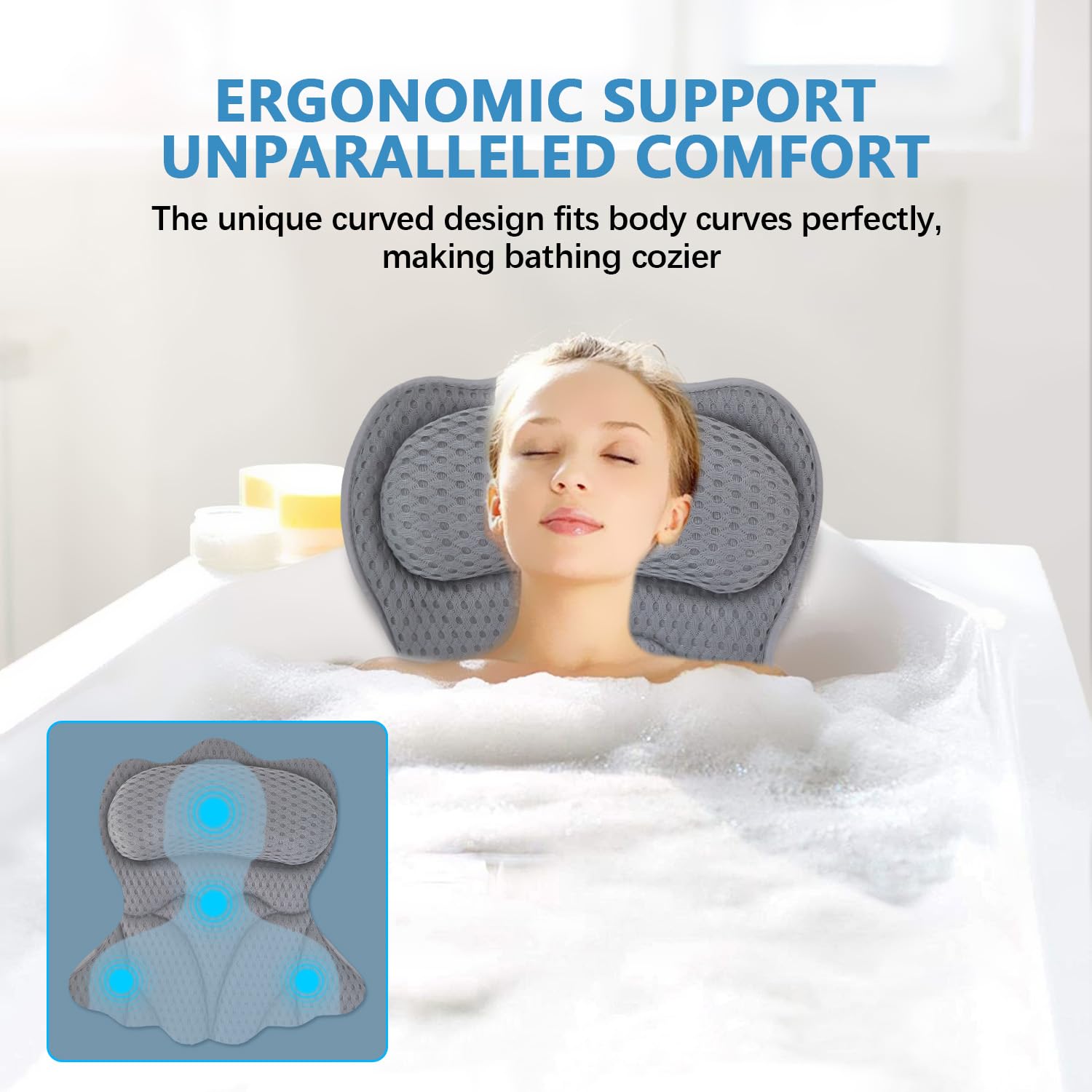 REEZEIVI bath pillow 4D-mesh-fabric ensures breathable, cool comfort while soaking