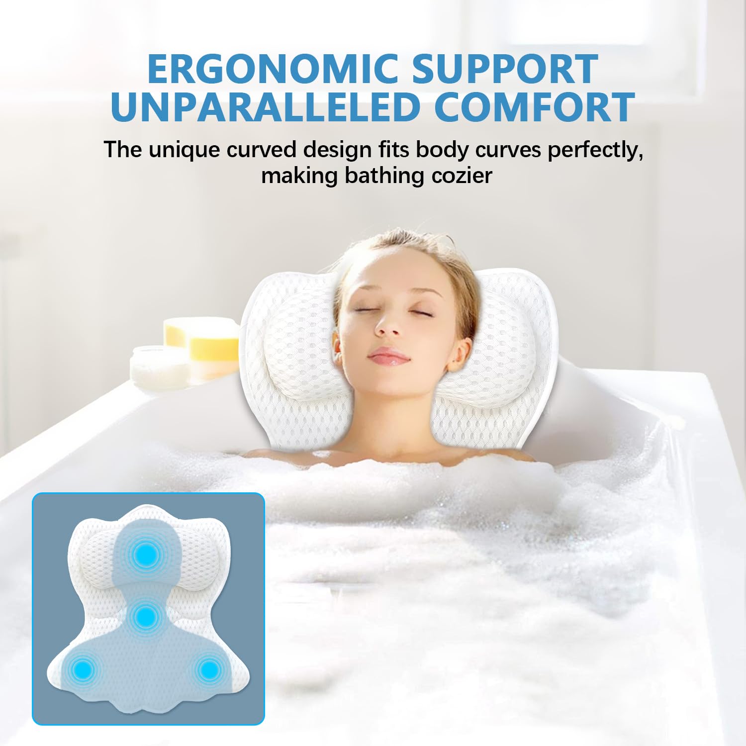 REEZEIVI neck-support bath pillow cushions head for ergonomic, relaxing soak