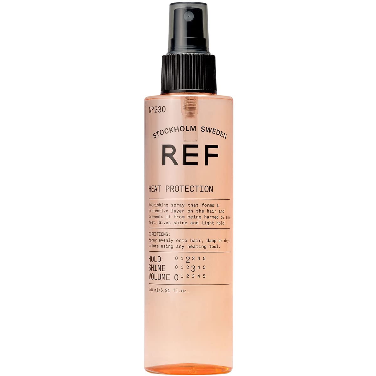 REF 230 Heat Protection Spray bottle demonstrates protective shine boost.