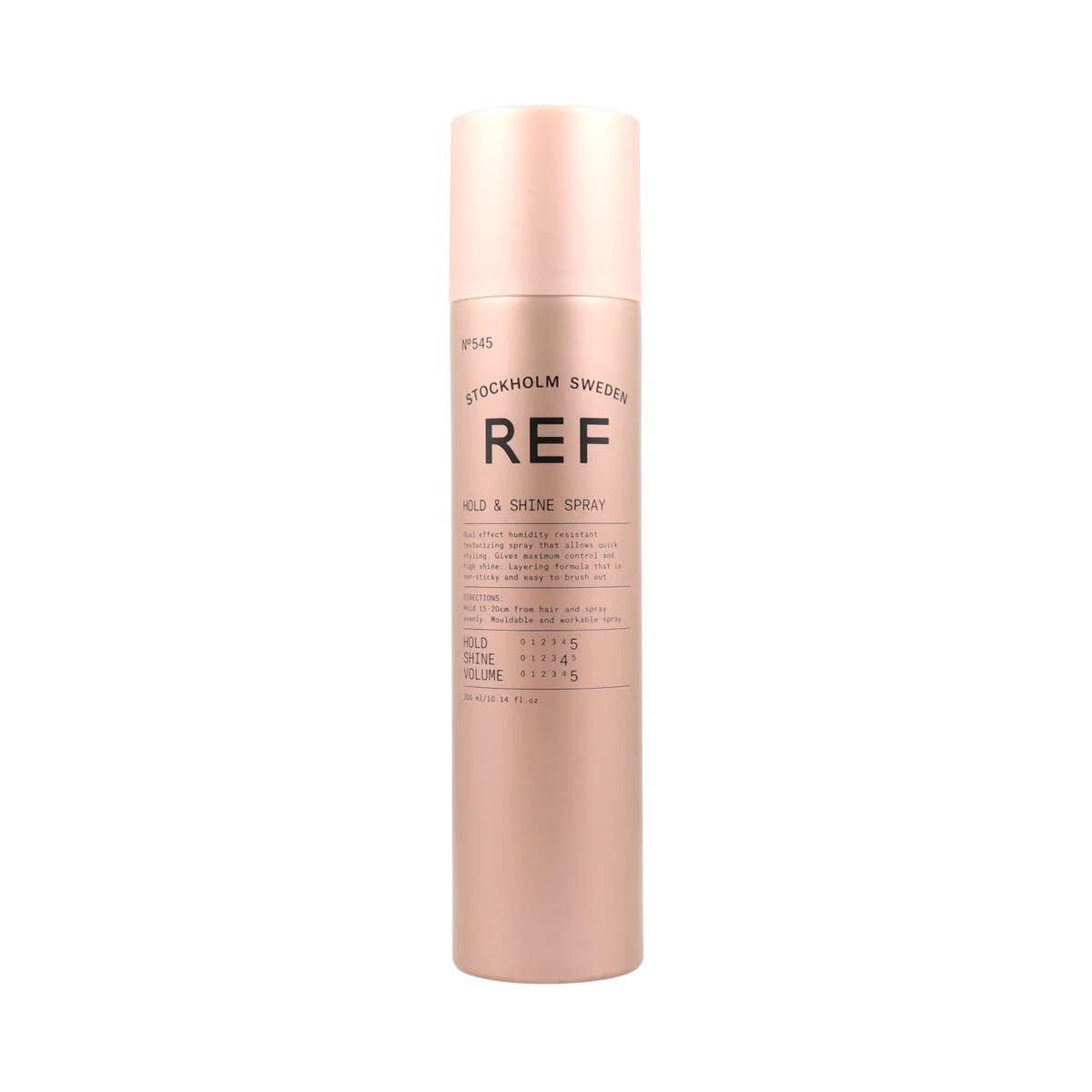 REF Hold & Shine Spray bottle showing quick styling with humidity resistance and high shine