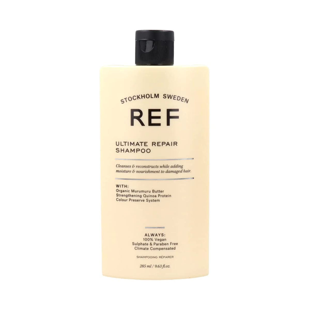 REF Ultimate Repair Shampoo bottle highlights reparative nourishment for damaged hair