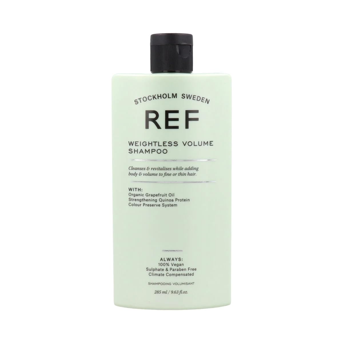 REF Weightless Volume Shampoo bottle close-up highlighting lightweight lift for color-treated hair