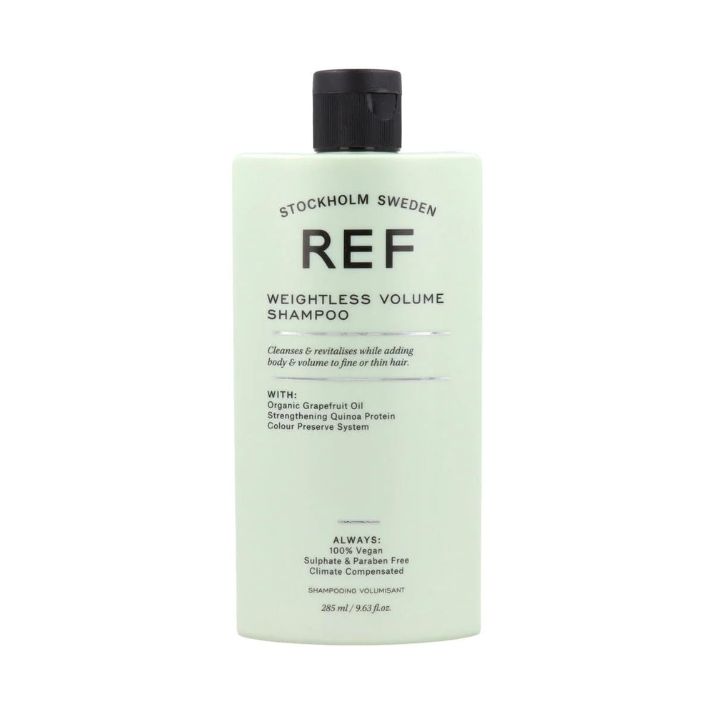 REF Weightless Volume Shampoo bottle close-up highlighting lightweight lift for color-treated hair