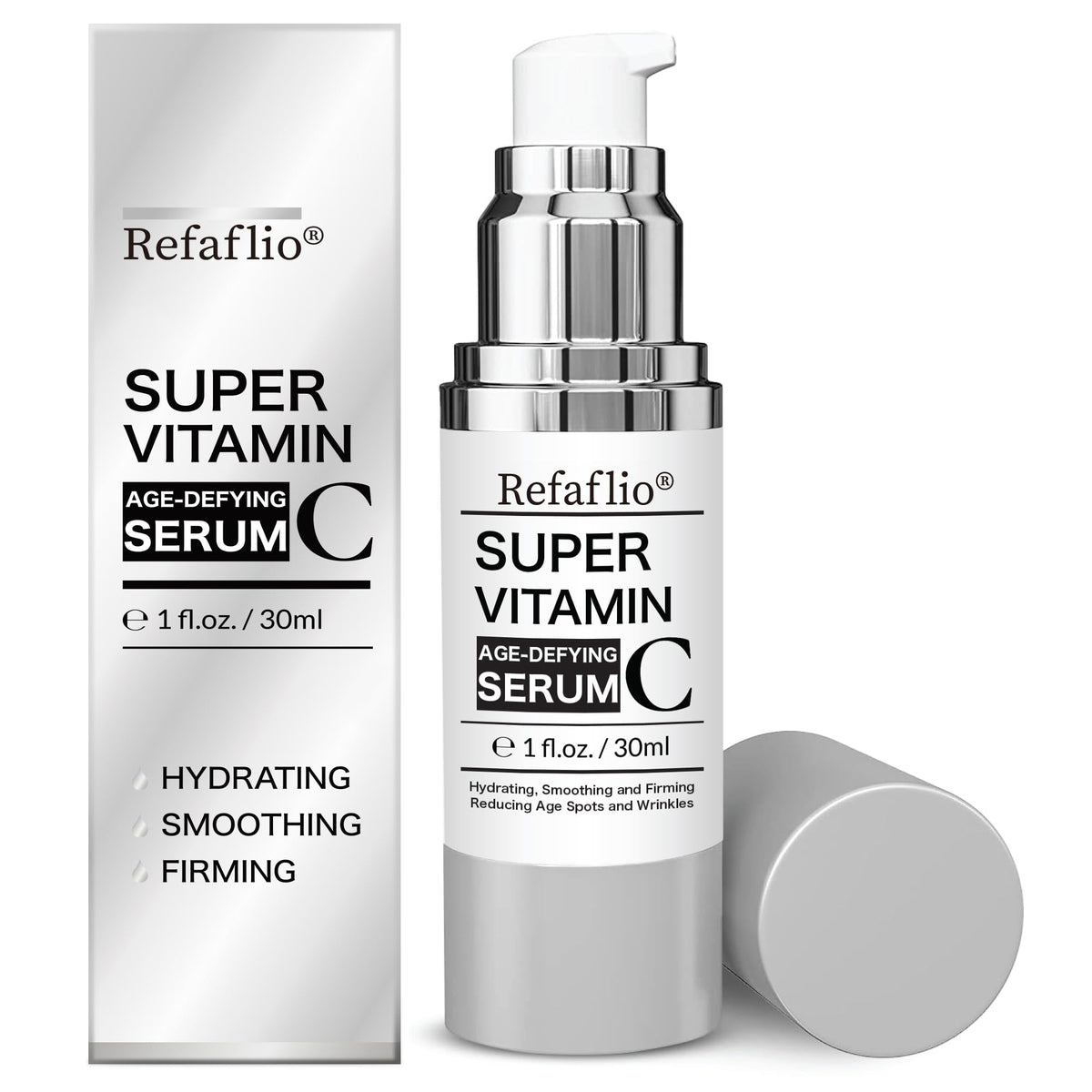 Refaflio Super Vitamin C Serum bottle closeup showing hydration-ready formula