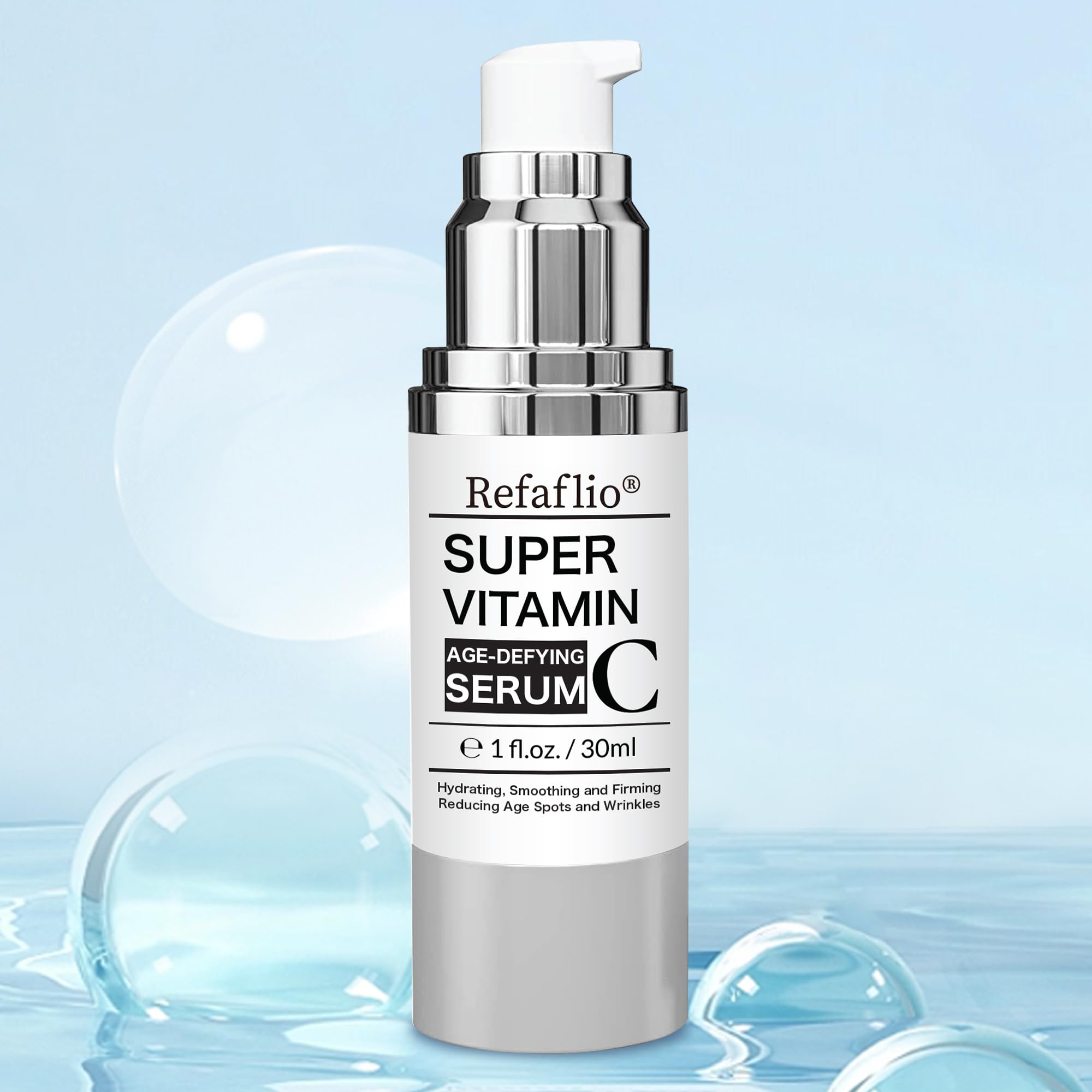Refaflio Super Vitamin C Serum bottle pump in action during routine