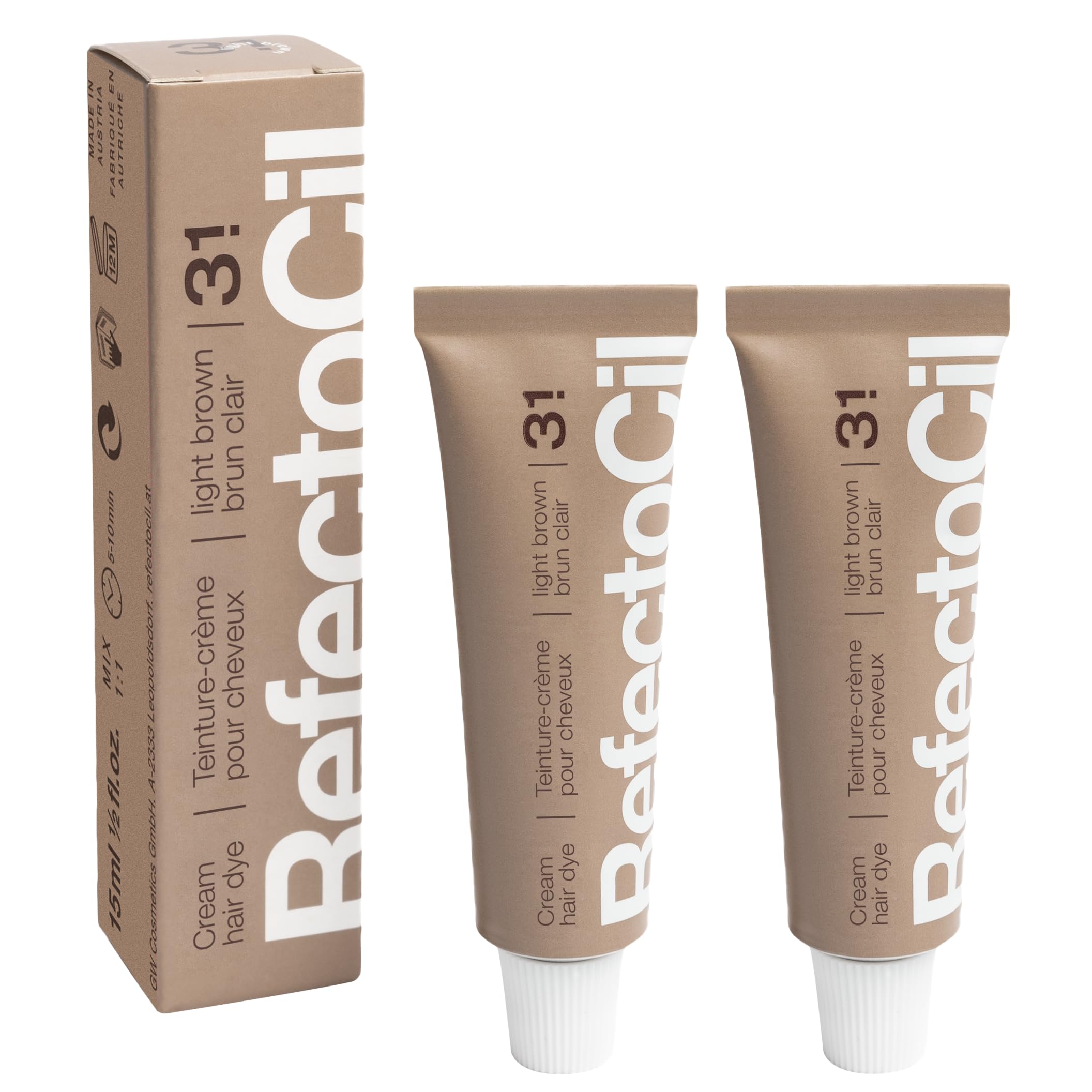 RefectoCil Cream Hair Dye 3.1 Light Brown tube delivers natural warmth.