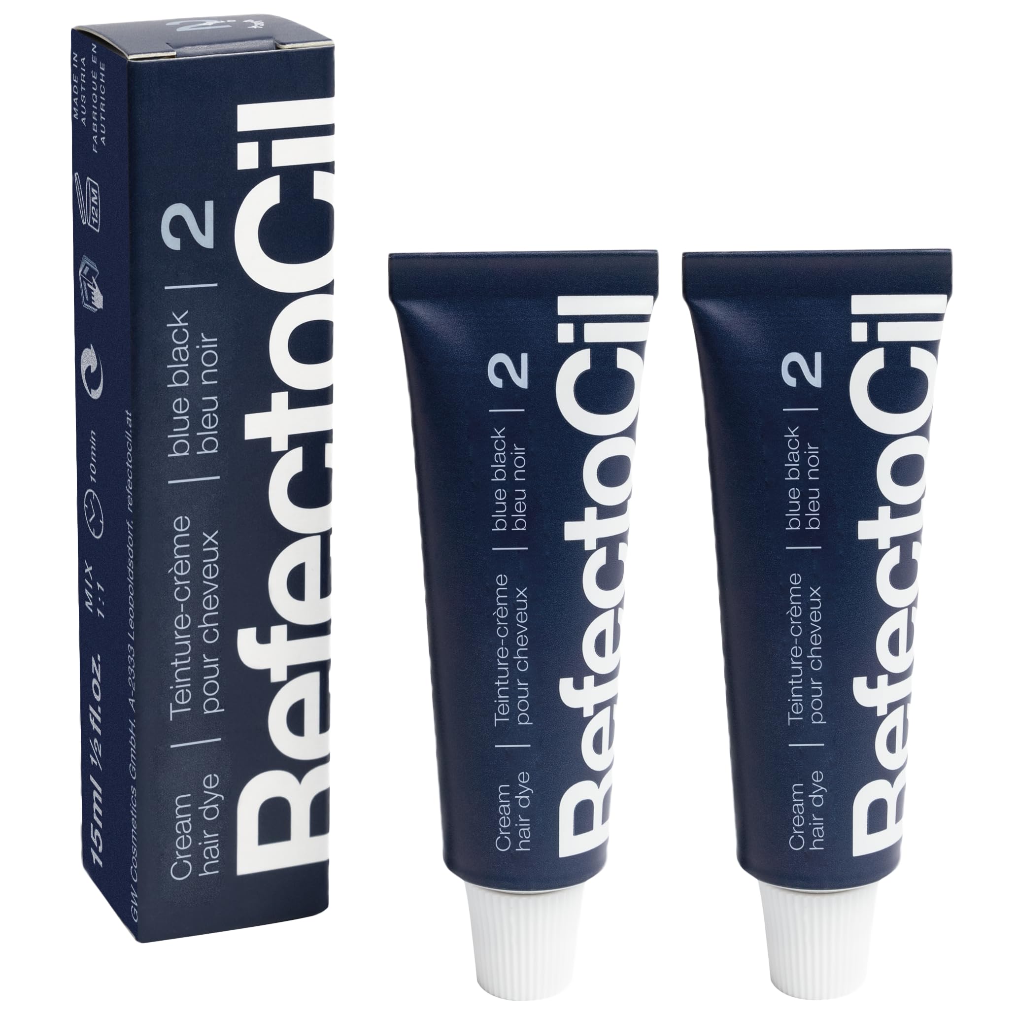 RefectoCil Cream Hair Dye Blue Black tubes show a rich blue-black shade with long-lasting color.