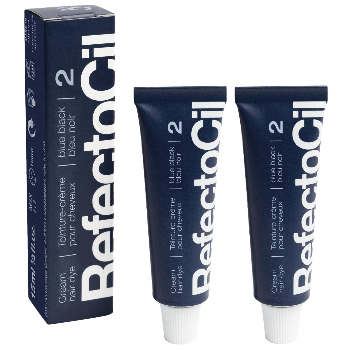 RefectoCil Cream Hair Dye Blue Black tubes show a rich blue-black shade with long-lasting color.