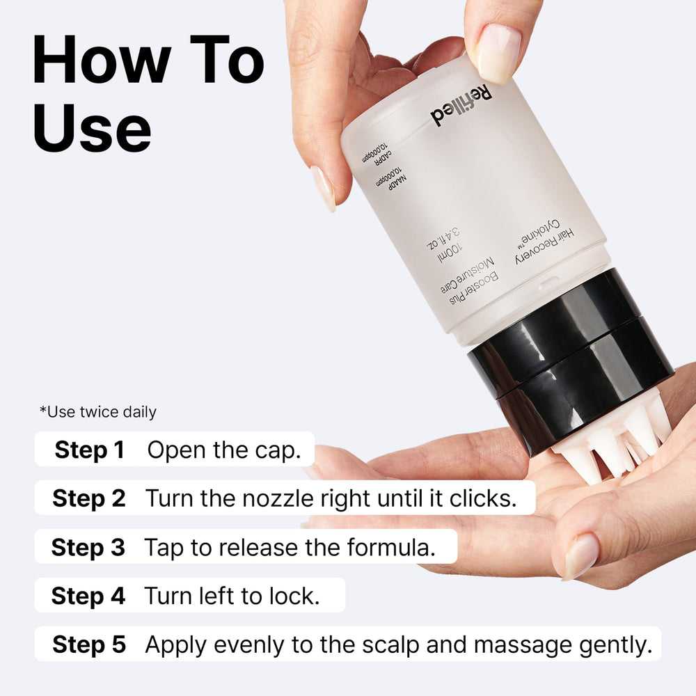 Refilled Booster Plus Moisture applying on scalp for non-irritating, hydrating care.