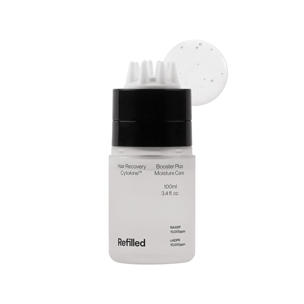 Refilled Booster Plus Moisture bottle for scalp hydration and gentle daily care.