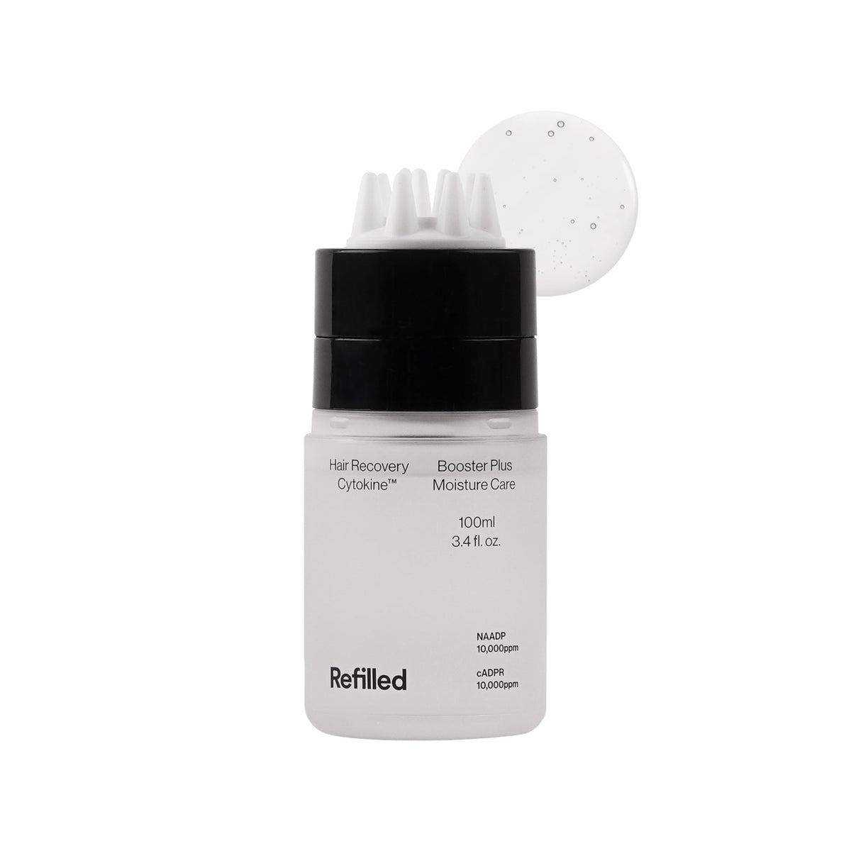 Refilled Booster Plus Moisture bottle for scalp hydration and gentle daily care.