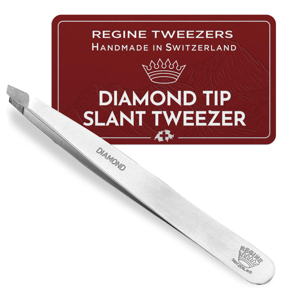 Regine Switzerland Diamond Slant Tip Tweezers close-up showing precision for fine hairs