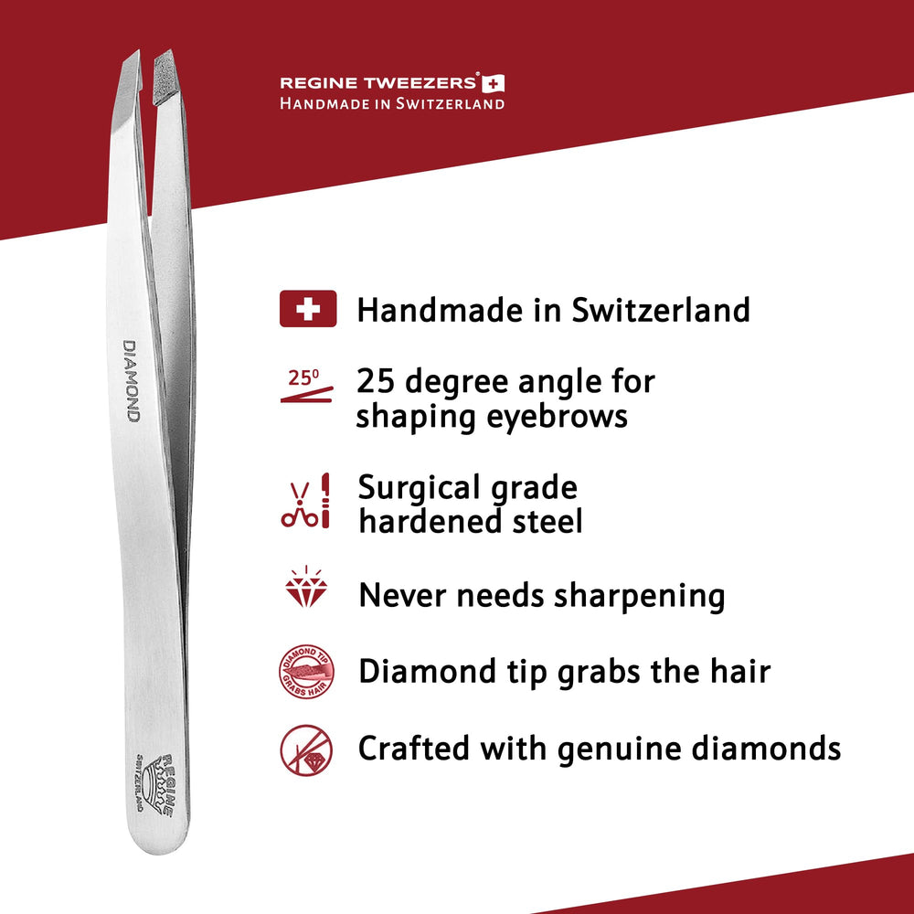 Regine Switzerland tweezers in hand for brows shaping and precise grooming