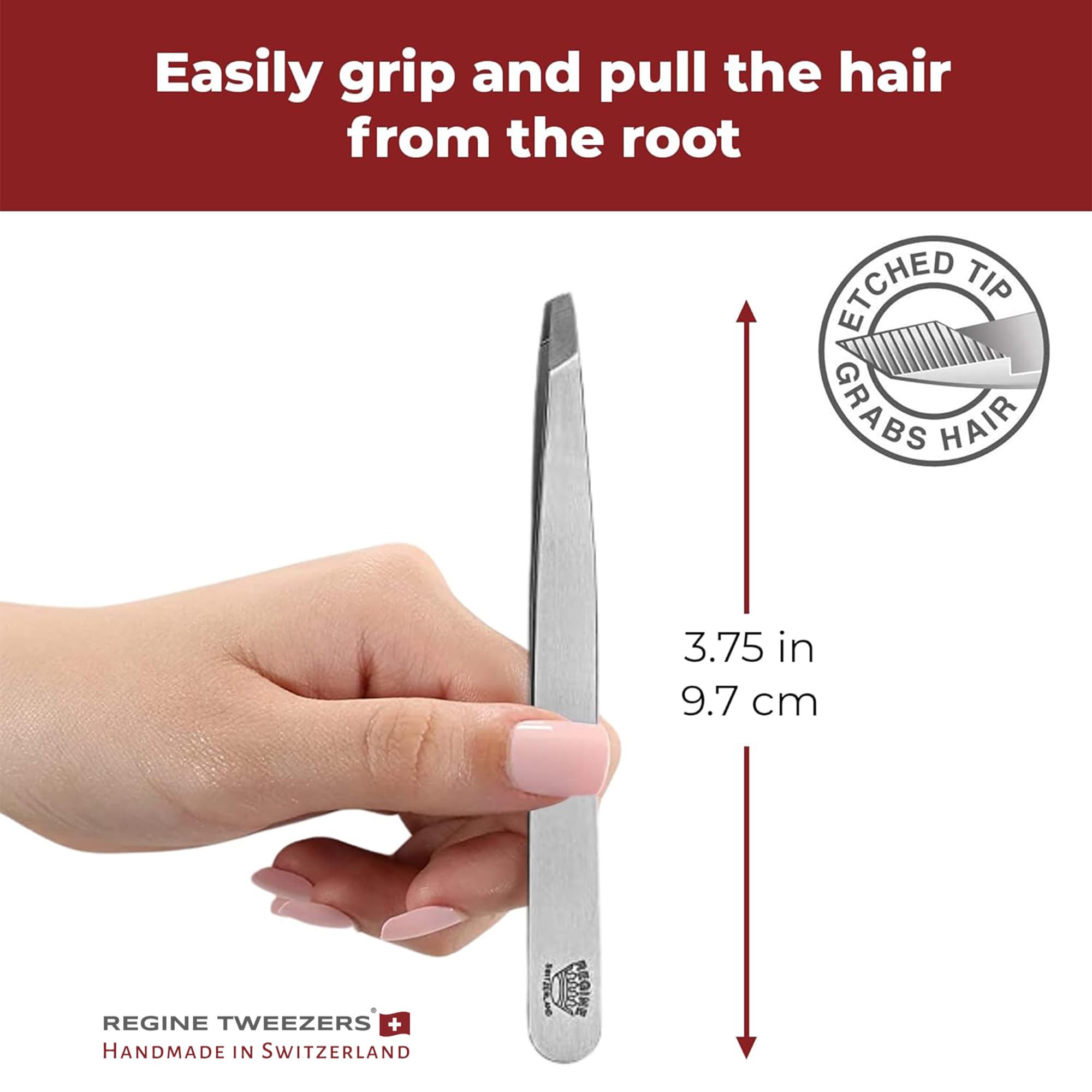 Regine Switzerland tweezers interior-etched-tip detail demonstrates secure grip on the finest hairs.