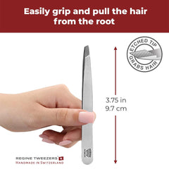 Regine Switzerland tweezers interior-etched-tip detail demonstrates secure grip on the finest hairs.