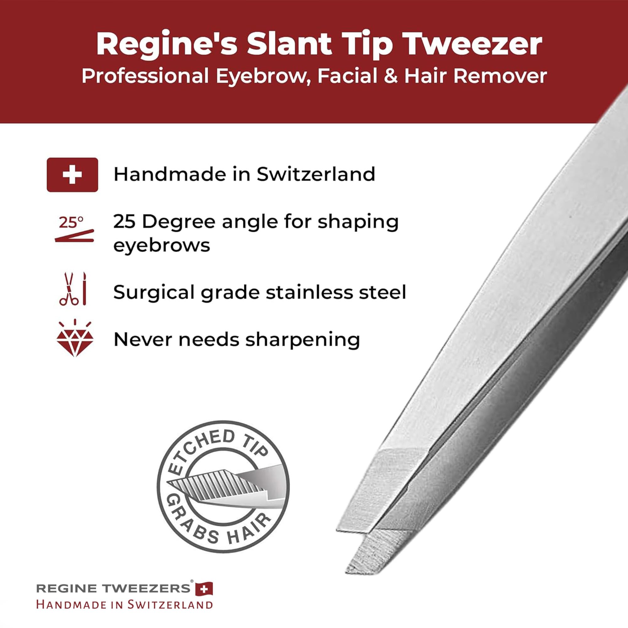 Regine Switzerland tweezers with protective tip guard ready for travel and long-lasting precision.