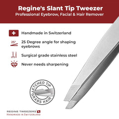 Regine Switzerland tweezers with protective tip guard ready for travel and long-lasting precision.