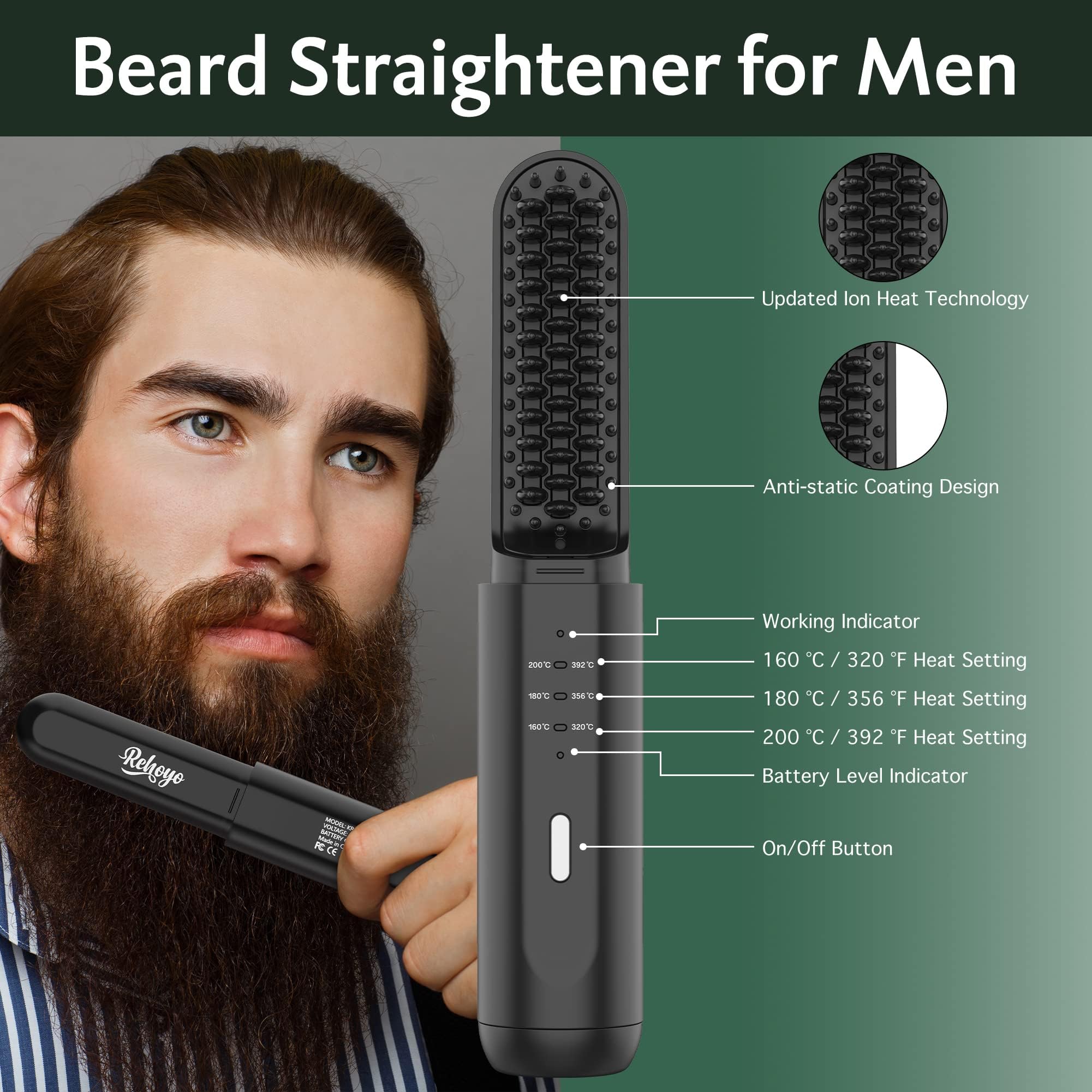 REHOYO beard straightener displaying 3 temperature settings for different beards