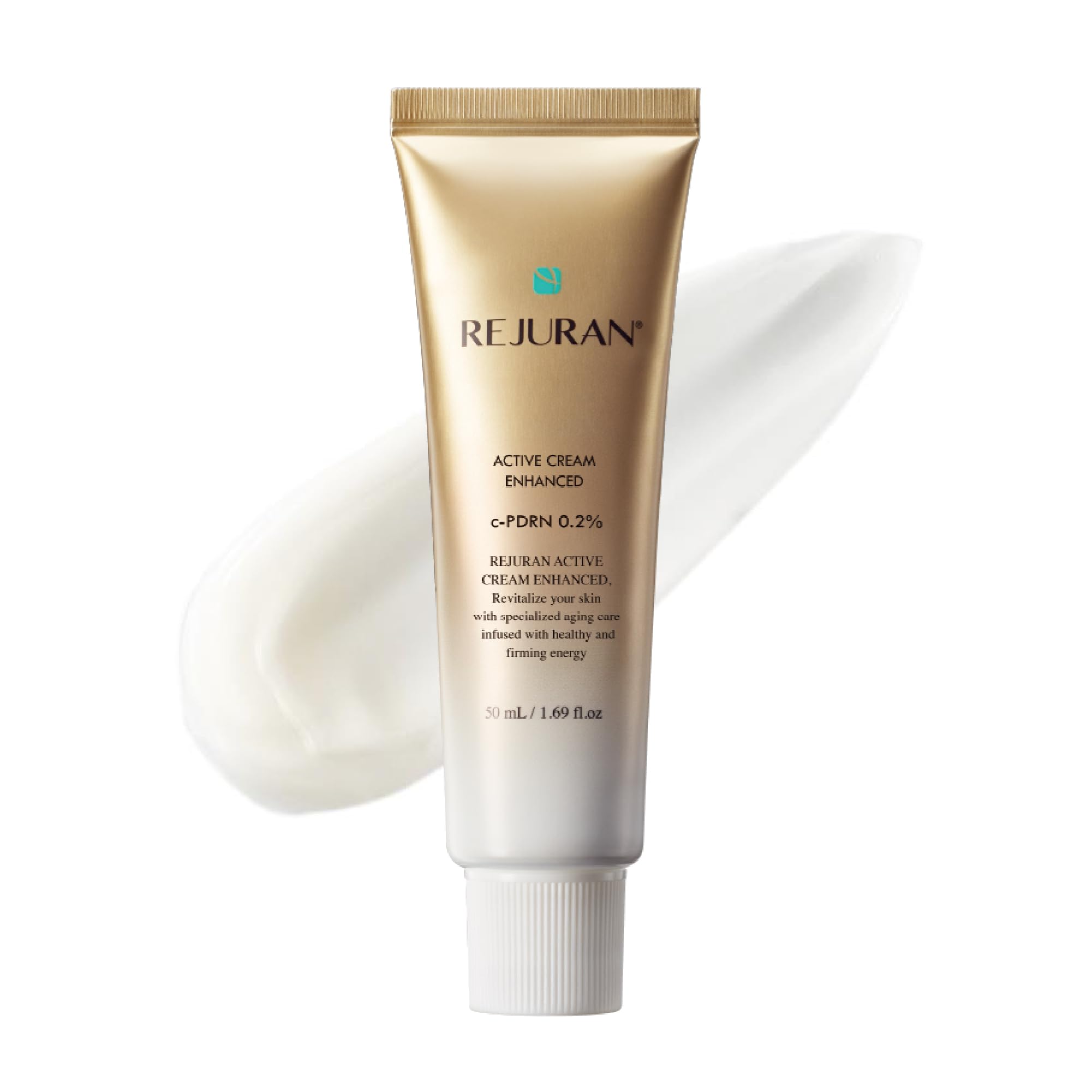 REJURAN Active Cream Enhanced bottle close-up highlighting DOT c-PDRN for elasticity.