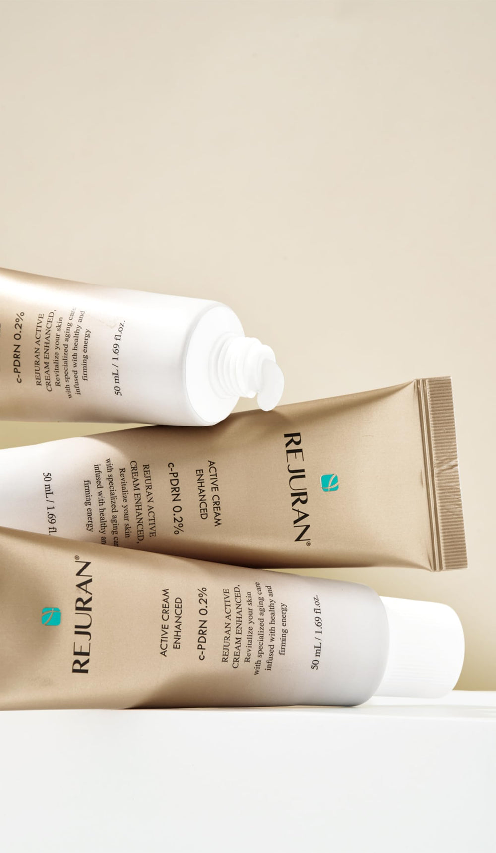 REJURAN Active Cream Enhanced label close-up lists clean ingredients.
