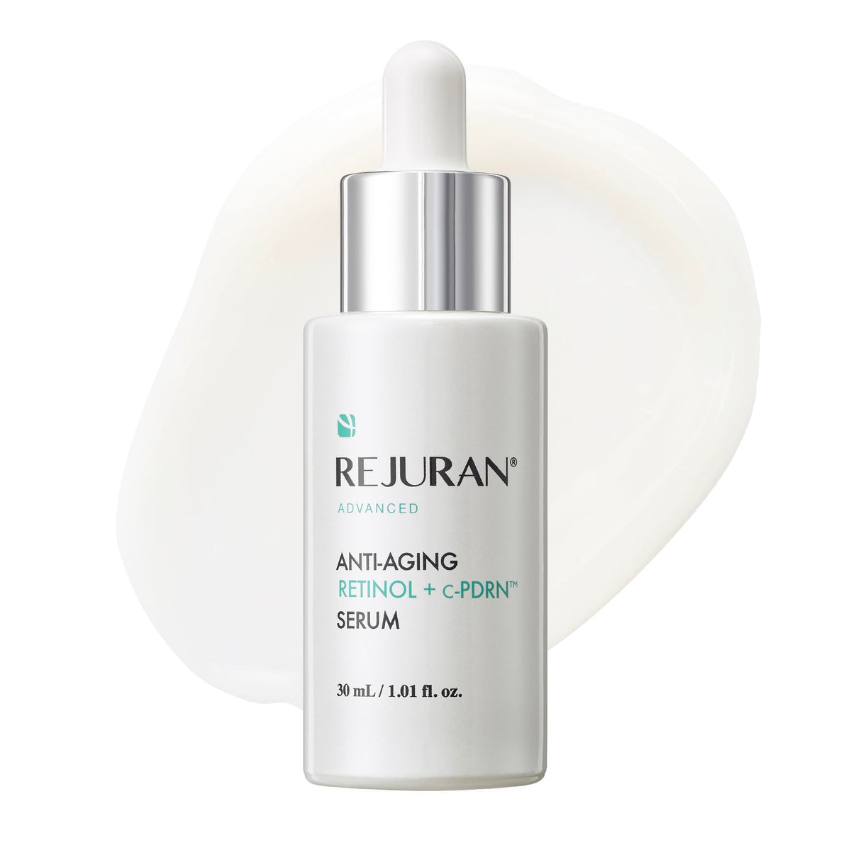 REJURAN Advanced Anti-Aging Serum bottle showing wrinkle reduction and radiance.