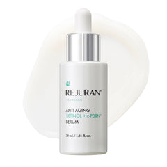 REJURAN Advanced Anti-Aging Serum bottle showing wrinkle reduction and radiance.