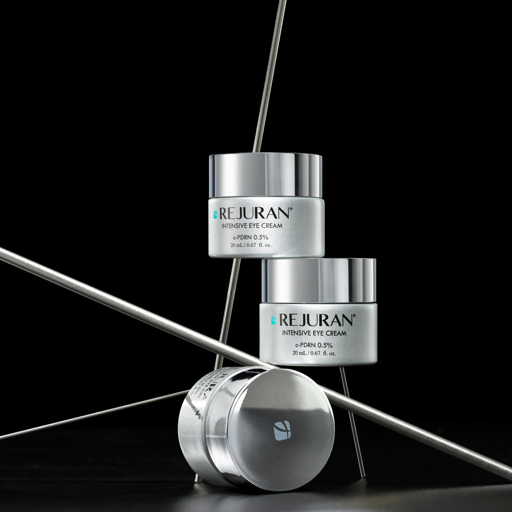 Rejuran c-PDRN eye cream closeup; rich texture supports elasticity and firmer-looking eye contour.