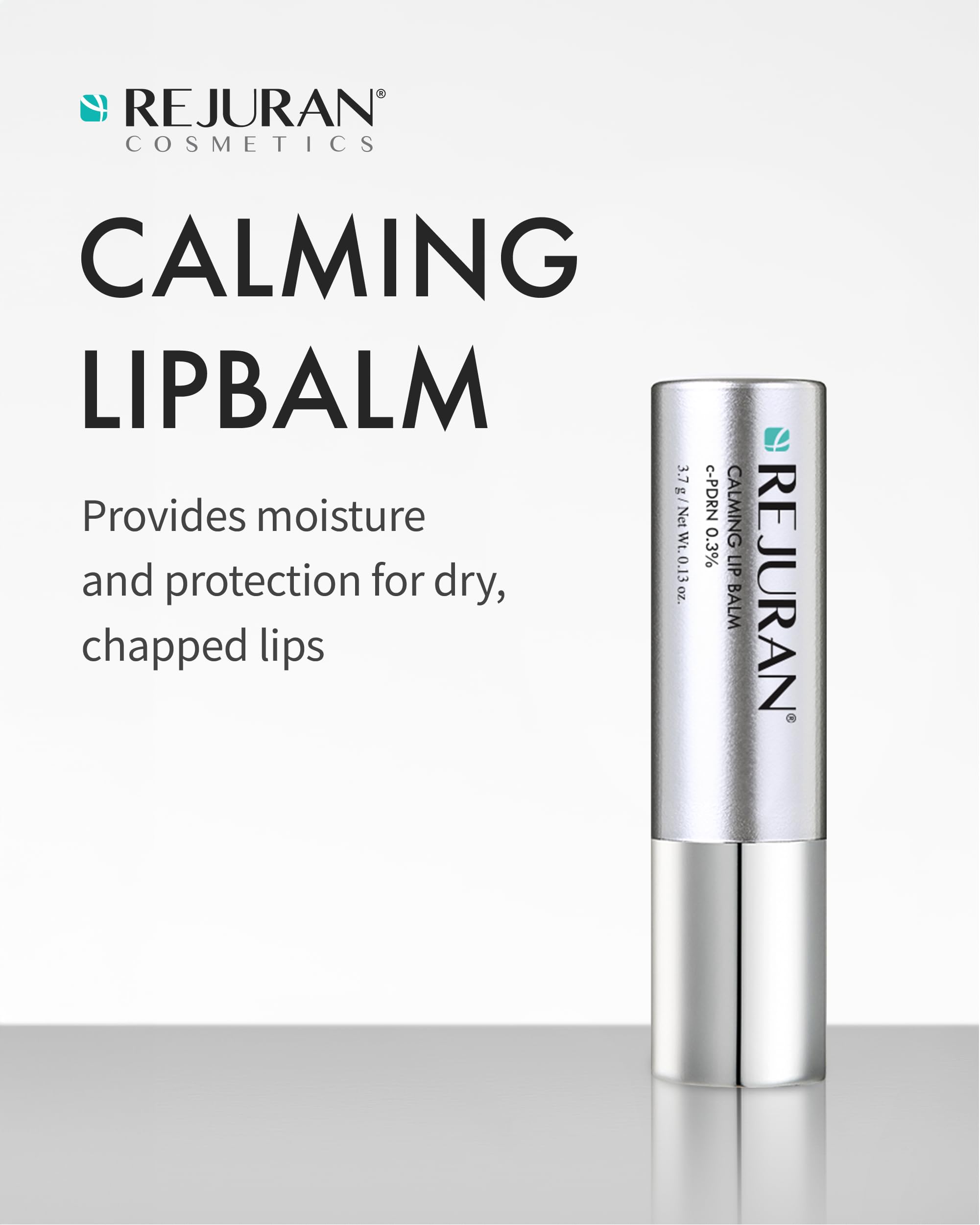 REJURAN Calming Lip Balm application scene shows smooth, non-sticky wear.